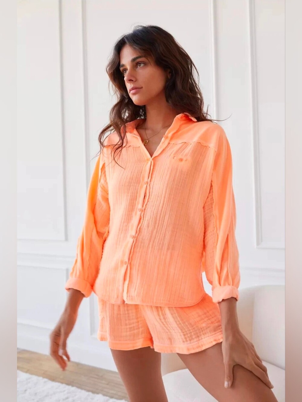 URBAN OUTFITTERS OUT FROM UNDER PALMER ORANGE Lightweight Peach Linen Top Small